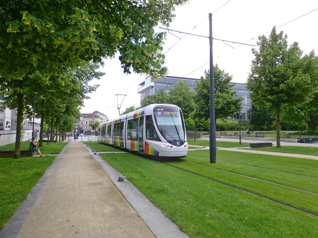 Eine Straßenbahn fährt zwischen Bäumen über eine Rasenfläche. Die Rasenfläche erweitert einen Park. Im Hintergrund alte und moderne Gebäude. 